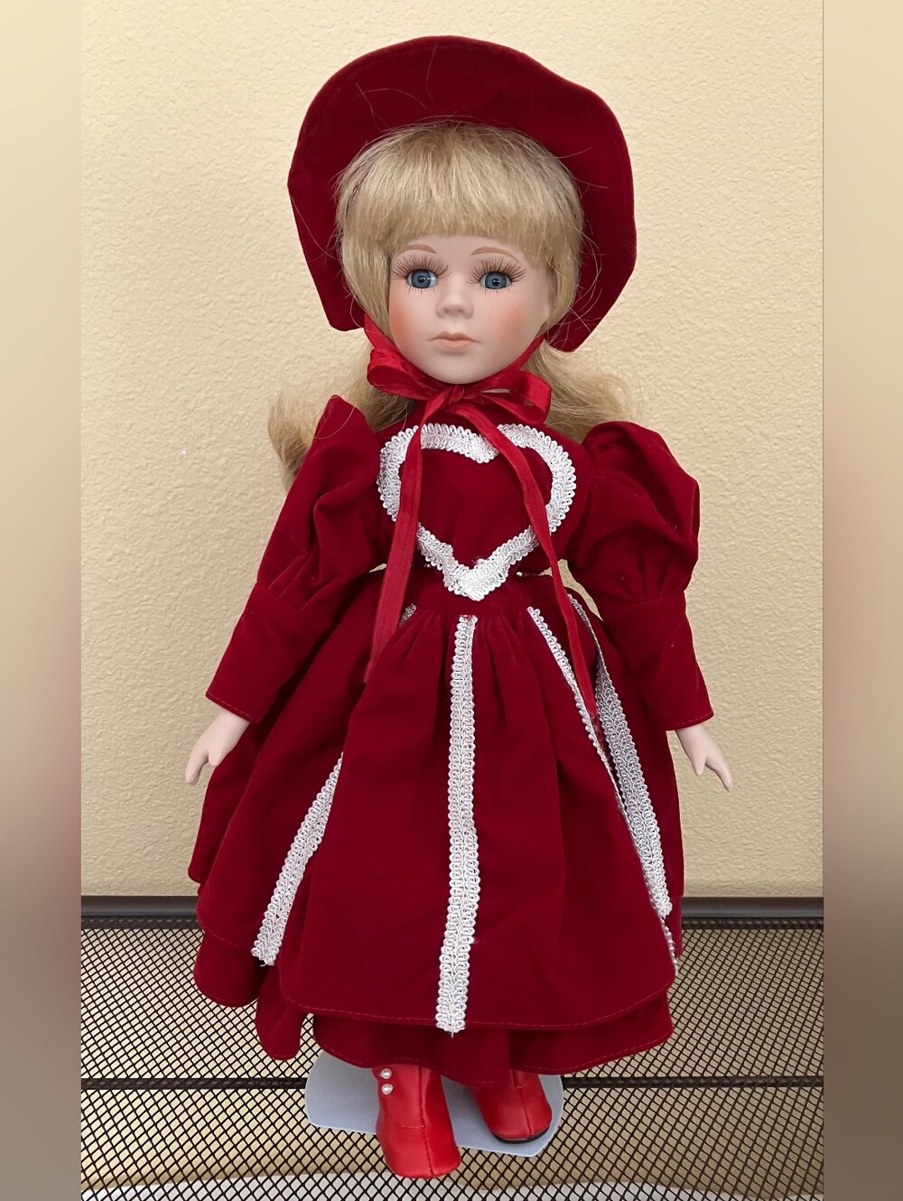 Classic Red Velvet Girls' Porcelain Doll with Hat